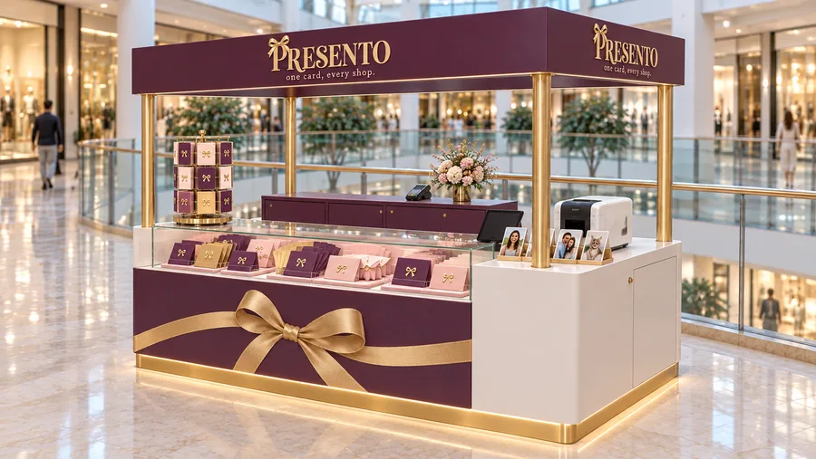 PRESENTO crowned kiosk in front of a balcony — right three-quarter view, gift-card desk (AI-assisted 3D visualisation)