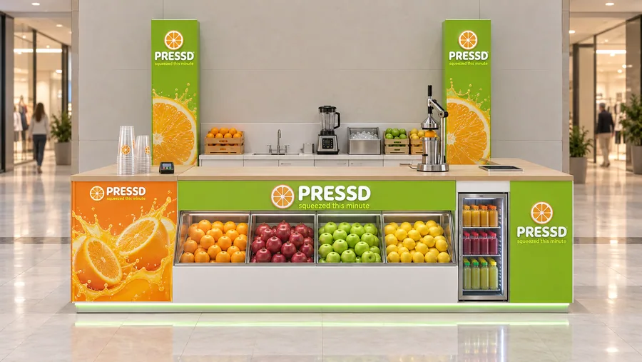 PRESSD counter-type kiosk in front of a wall — front view, fresh-pressed orange (AI-assisted 3D visualisation)