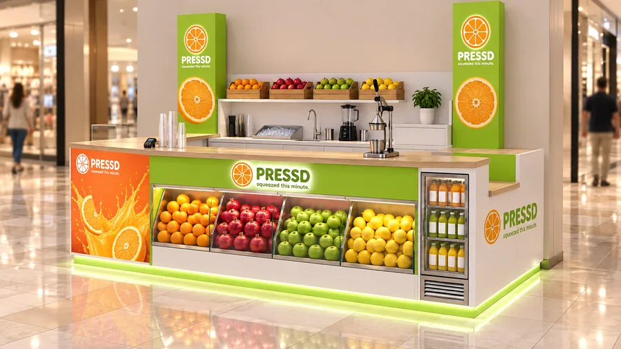 PRESSD counter-type kiosk in front of a wall — left three-quarter view, fresh-pressed orange (AI-assisted 3D visualisation)