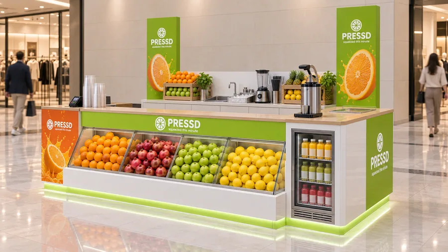 PRESSD counter-type kiosk in front of a wall — right three-quarter view, fresh-pressed orange (AI-assisted 3D visualisation)