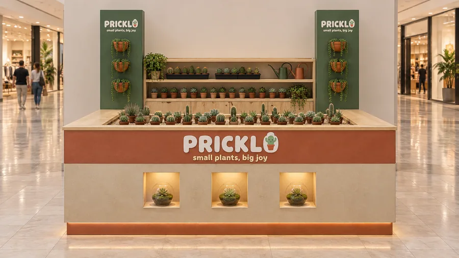 PRICKLO counter-type kiosk in front of a wall — front view, succulents (AI-assisted 3D visualisation)