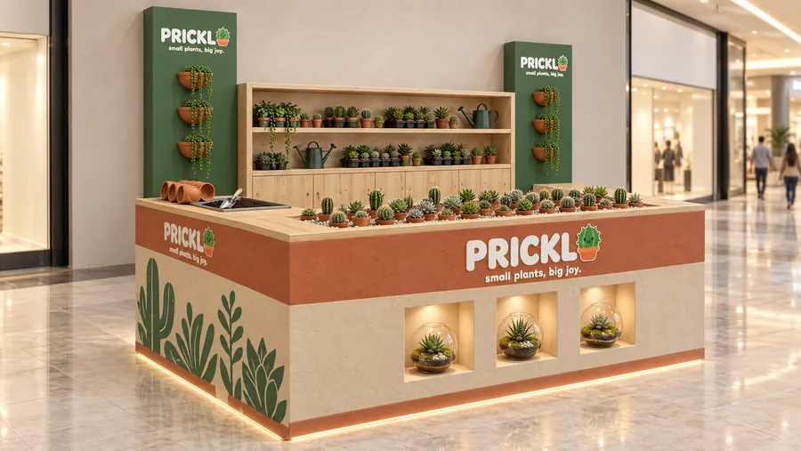 PRICKLO counter-type kiosk in front of a wall — left three-quarter view, succulents (AI-assisted 3D visualisation)