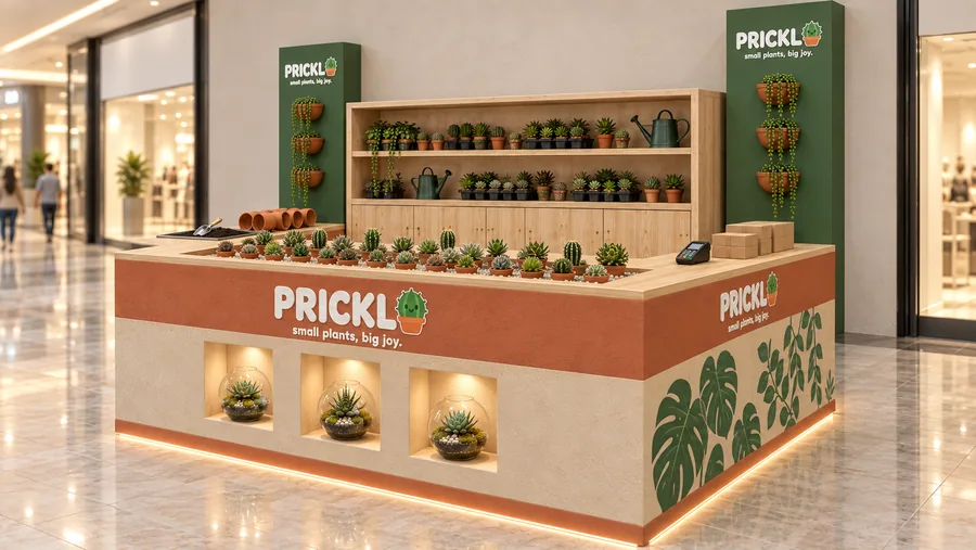 PRICKLO counter-type kiosk in front of a wall — right three-quarter view, succulents (AI-assisted 3D visualisation)