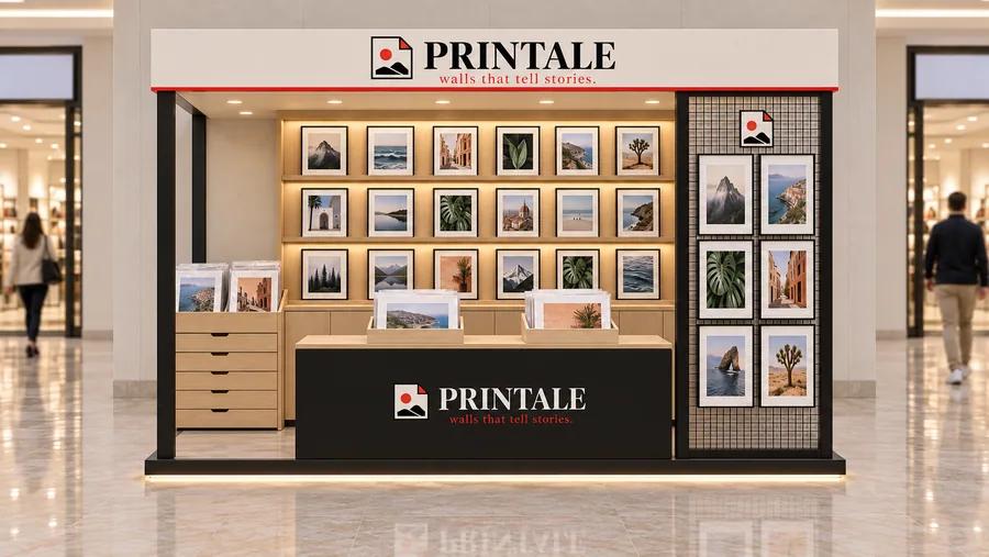 PRINTALE crowned kiosk in front of a wall — front view, art prints (AI-assisted 3D visualisation)