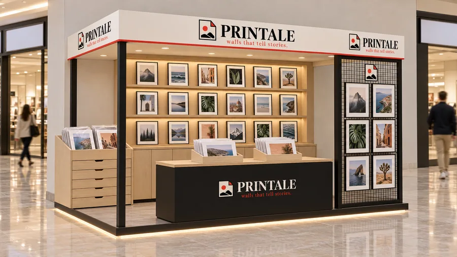 PRINTALE crowned kiosk in front of a wall — left three-quarter view, art prints (AI-assisted 3D visualisation)