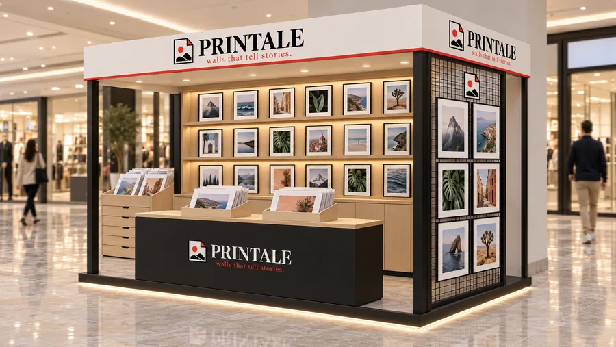 PRINTALE crowned kiosk in front of a wall — right three-quarter view, art prints (AI-assisted 3D visualisation)