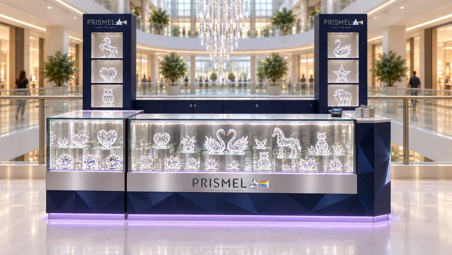 PRISMEL counter-type kiosk in front of a balcony — front view, crystal and hand-blown glass figurines (AI-assisted 3D visualisation)