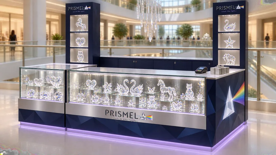 PRISMEL counter-type kiosk in front of a balcony — left three-quarter view, crystal and hand-blown glass figurines (AI-assisted 3D visualisation)