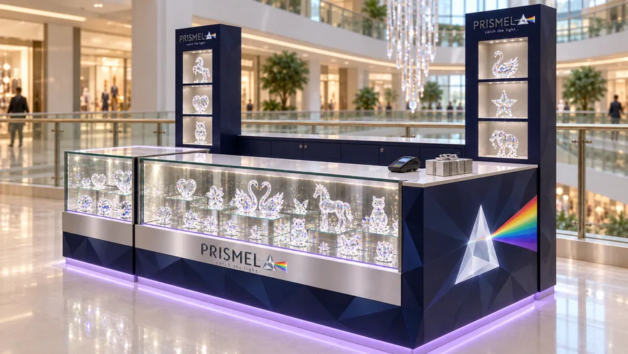PRISMEL counter-type kiosk in front of a balcony — right three-quarter view, crystal and hand-blown glass figurines (AI-assisted 3D visualisation)