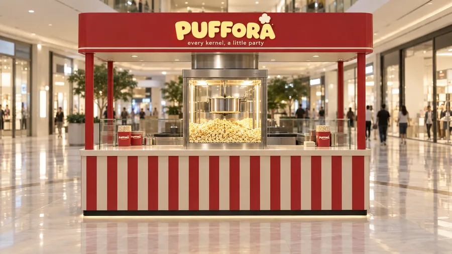 PUFFORA crowned island kiosk — front view, gourmet popcorn popped on site in caramel (AI-assisted 3D visualisation)