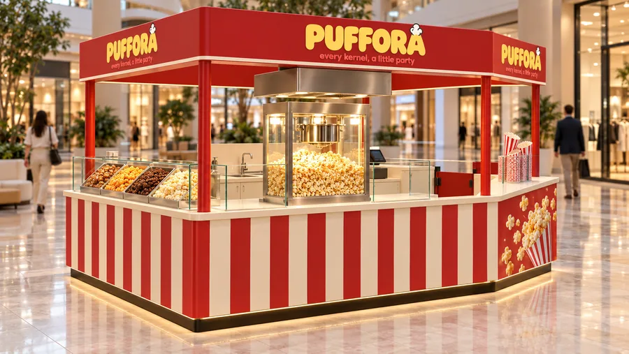 PUFFORA crowned island kiosk — left three-quarter view, gourmet popcorn popped on site in caramel (AI-assisted 3D visualisation)