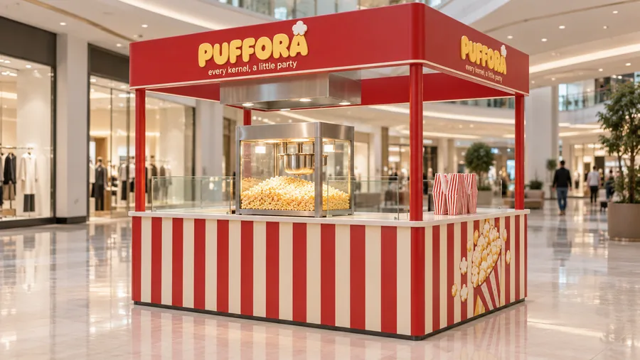 PUFFORA crowned island kiosk — right three-quarter view, gourmet popcorn popped on site in caramel (AI-assisted 3D visualisation)