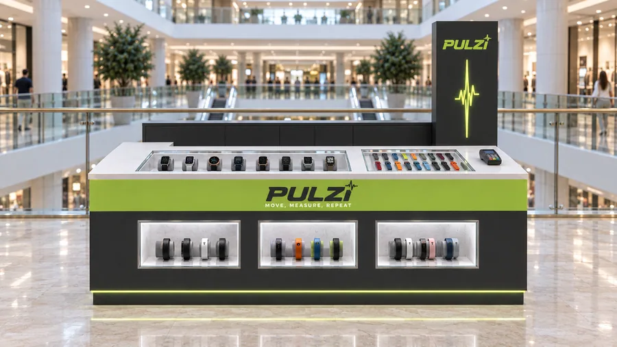 PULZI counter-type kiosk in front of a balcony — front view, smartwatches (AI-assisted 3D visualisation)