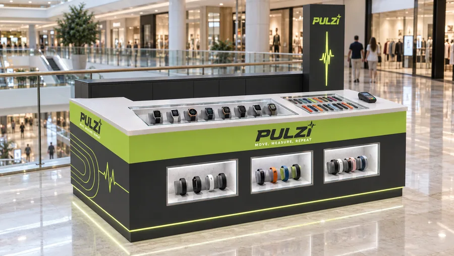PULZI counter-type kiosk in front of a balcony — left three-quarter view, smartwatches (AI-assisted 3D visualisation)