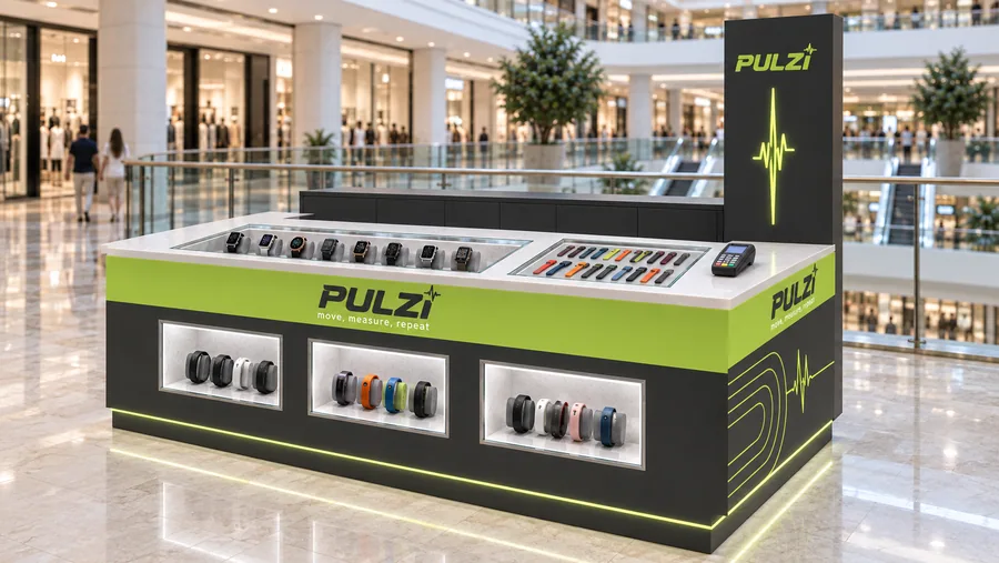 PULZI counter-type kiosk in front of a balcony — right three-quarter view, smartwatches (AI-assisted 3D visualisation)