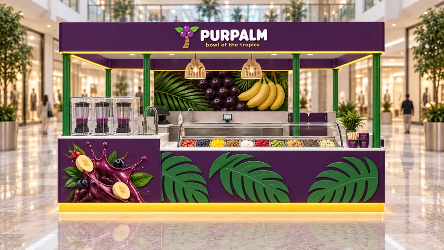 PURPALM crowned island kiosk — front view, açaí bowls (AI-assisted 3D visualisation)