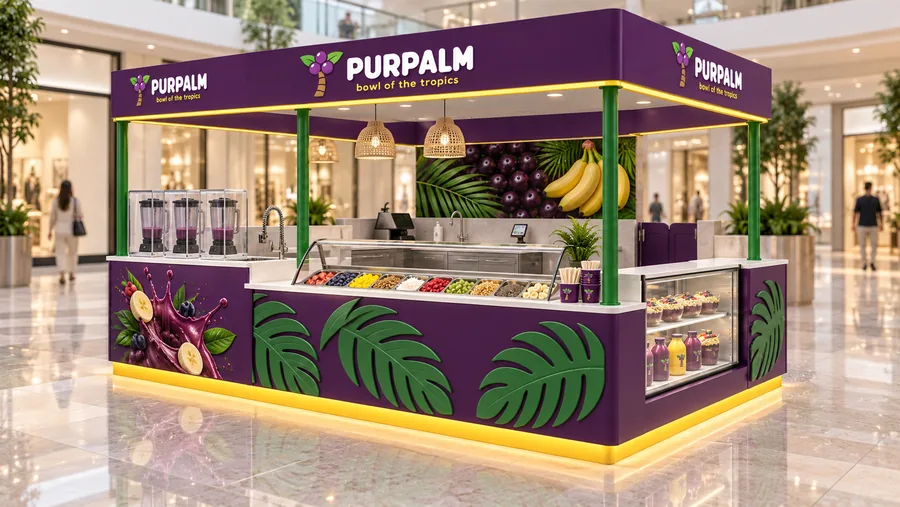 PURPALM crowned island kiosk — left three-quarter view, açaí bowls (AI-assisted 3D visualisation)