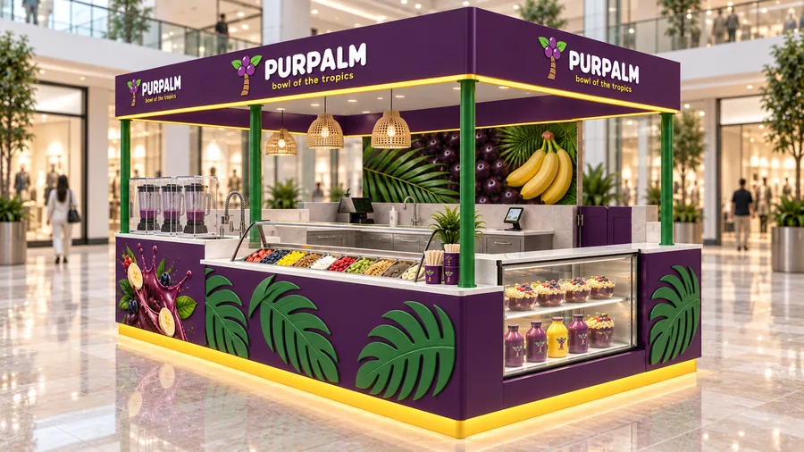 PURPALM crowned island kiosk — right three-quarter view, açaí bowls (AI-assisted 3D visualisation)