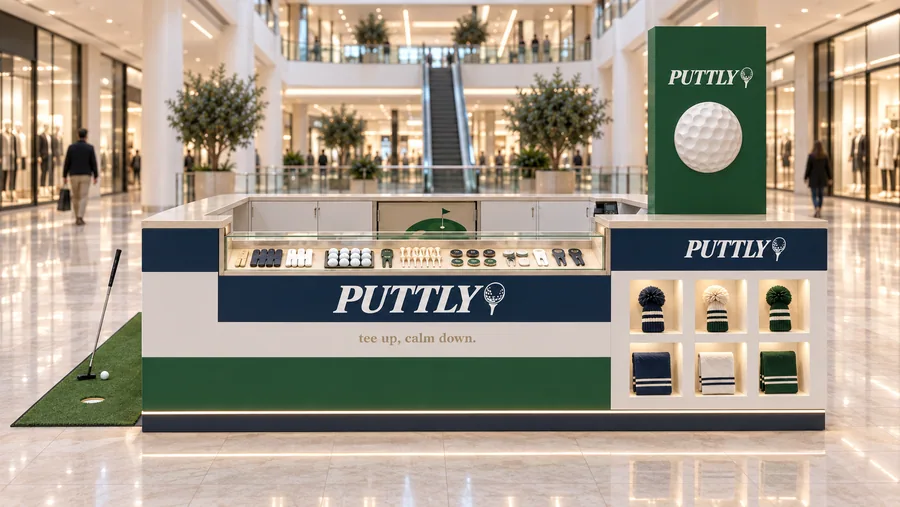 PUTTLY counter-type island kiosk — front view, golf balls (AI-assisted 3D visualisation)