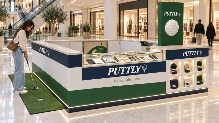 PUTTLY counter-type island kiosk — left three-quarter view, golf balls (AI-assisted 3D visualisation)