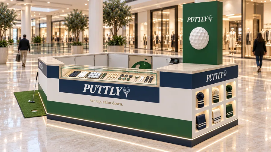 PUTTLY counter-type island kiosk — right three-quarter view, golf balls (AI-assisted 3D visualisation)