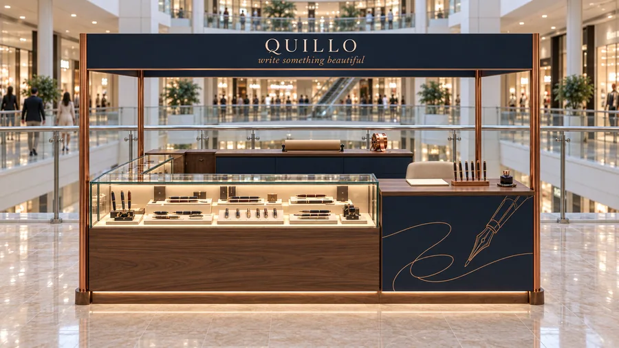 QUILLO crowned kiosk in front of a balcony — front view, fine writing instruments and stationery (AI-assisted 3D visualisation)
