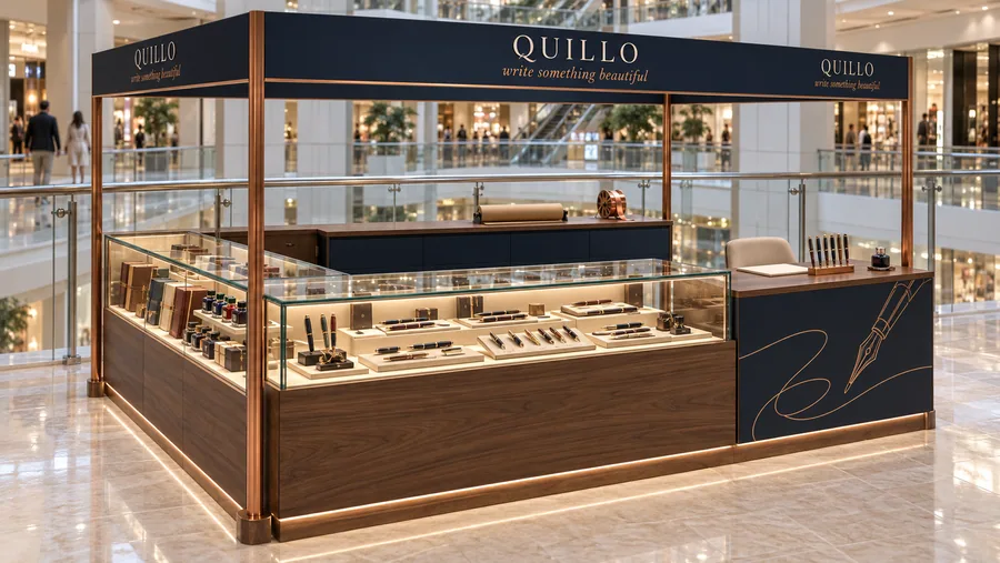 QUILLO crowned kiosk in front of a balcony — left three-quarter view, fine writing instruments and stationery (AI-assisted 3D visualisation)