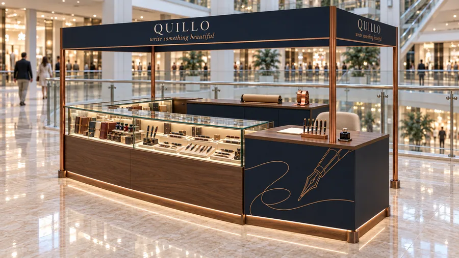 QUILLO crowned kiosk in front of a balcony — right three-quarter view, fine writing instruments and stationery (AI-assisted 3D visualisation)