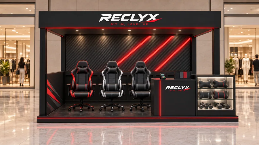 RECLYX crowned kiosk in front of a wall — front view, gaming chairs (AI-assisted 3D visualisation)