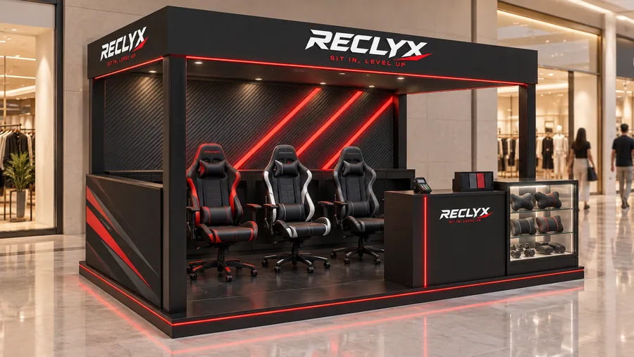 RECLYX crowned kiosk in front of a wall — left three-quarter view, gaming chairs (AI-assisted 3D visualisation)