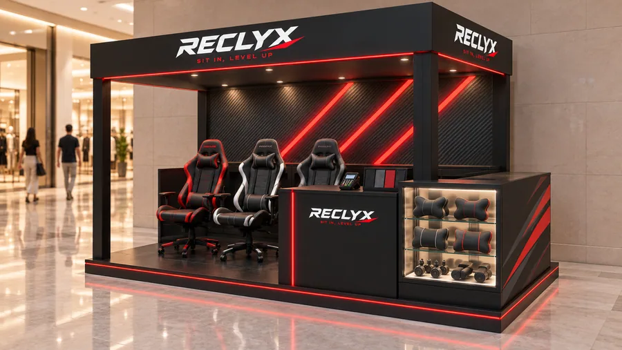 RECLYX crowned kiosk in front of a wall — right three-quarter view, gaming chairs (AI-assisted 3D visualisation)