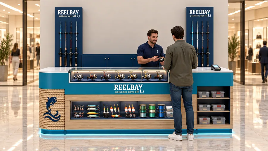 REELBAY counter-type kiosk in front of a wall — front view, fishing reels (AI-assisted 3D visualisation)