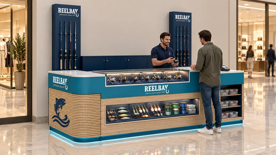 REELBAY counter-type kiosk in front of a wall — left three-quarter view, fishing reels (AI-assisted 3D visualisation)