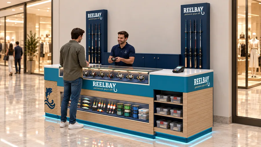 REELBAY counter-type kiosk in front of a wall — right three-quarter view, fishing reels (AI-assisted 3D visualisation)