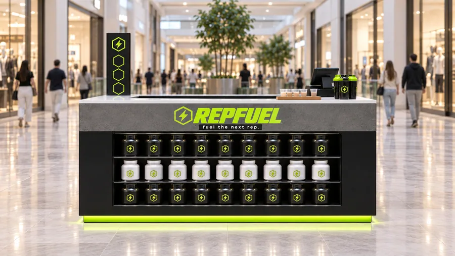 REPFUEL counter-type island kiosk — front view, sports nutrition (AI-assisted 3D visualisation)