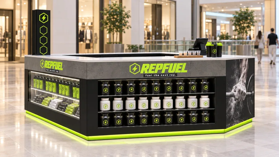 REPFUEL counter-type island kiosk — left three-quarter view, sports nutrition (AI-assisted 3D visualisation)