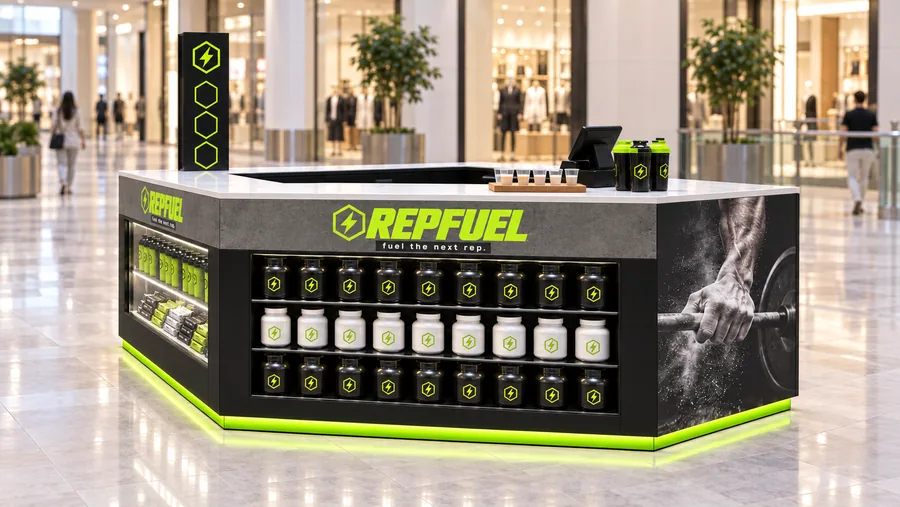 REPFUEL counter-type island kiosk — right three-quarter view, sports nutrition (AI-assisted 3D visualisation)