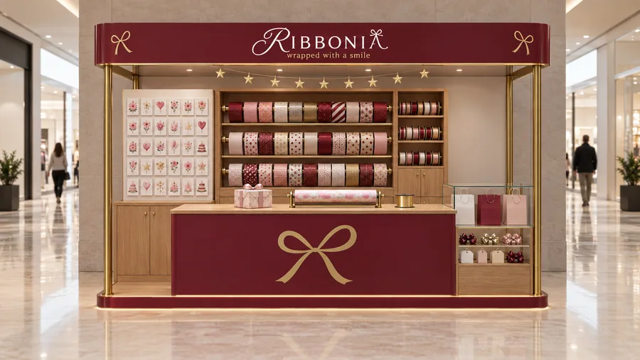 RIBBONIA crowned kiosk in front of a wall — front view, gift wrapping service (AI-assisted 3D visualisation)