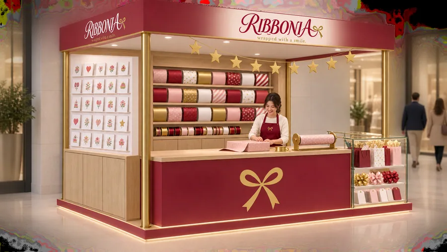 RIBBONIA crowned kiosk in front of a wall — left three-quarter view, gift wrapping service (AI-assisted 3D visualisation)