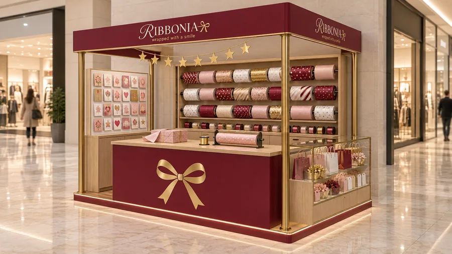 RIBBONIA crowned kiosk in front of a wall — right three-quarter view, gift wrapping service (AI-assisted 3D visualisation)