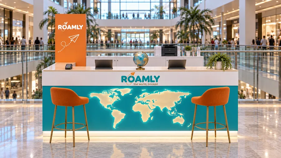 ROAMLY counter-type kiosk in front of a balcony — front view, travel agency (AI-assisted 3D visualisation)
