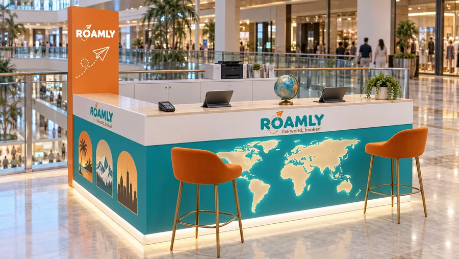 ROAMLY counter-type kiosk in front of a balcony — left three-quarter view, travel agency (AI-assisted 3D visualisation)