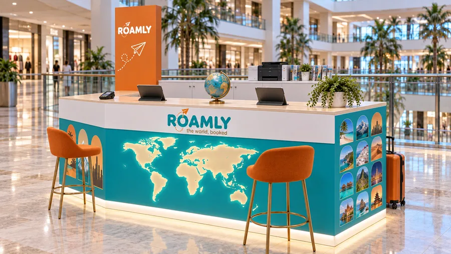 ROAMLY counter-type kiosk in front of a balcony — right three-quarter view, travel agency (AI-assisted 3D visualisation)