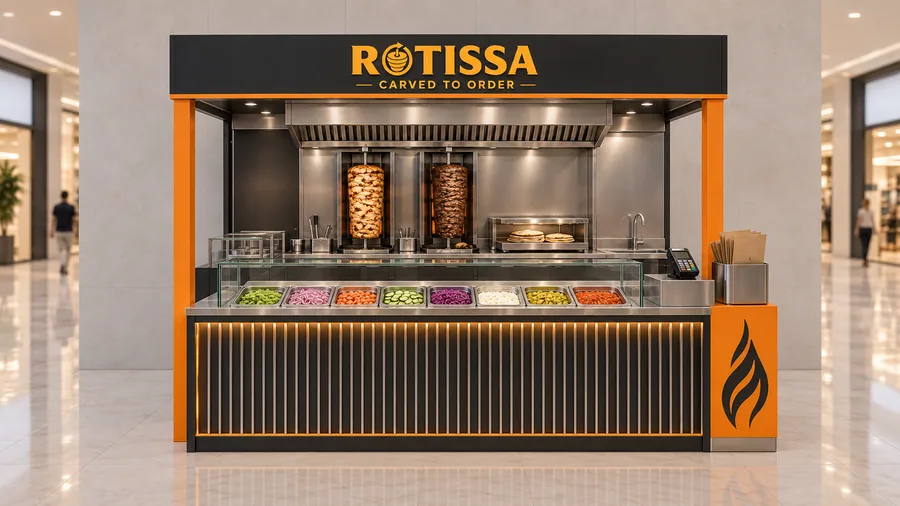 ROTISSA crowned kiosk in front of a wall — front view, chicken and beef döner carved from vertical spits (AI-assisted 3D visualisation)