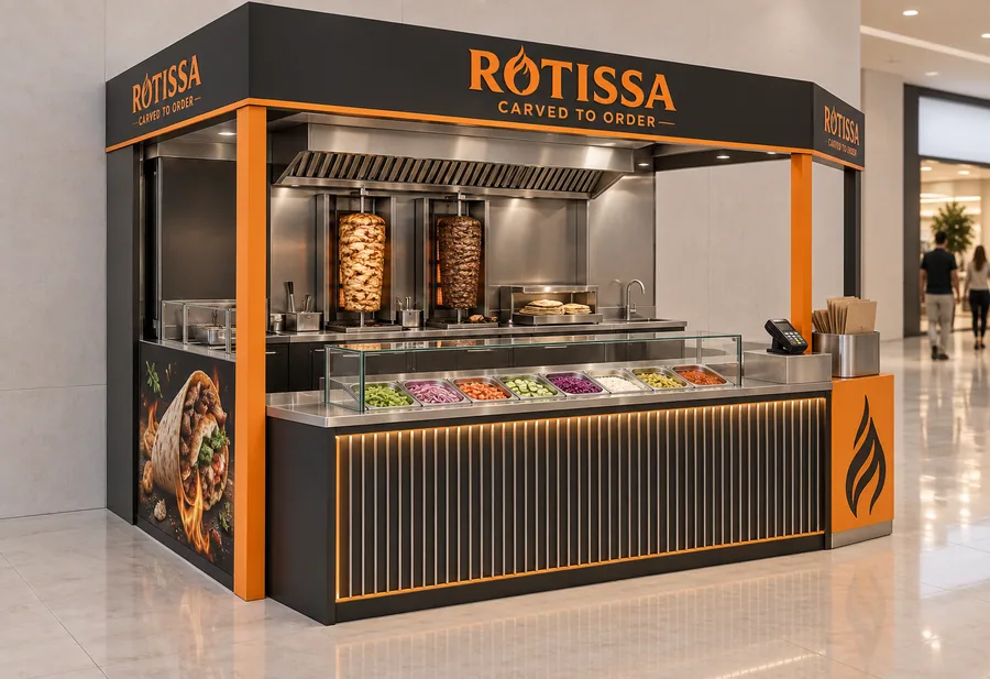 ROTISSA crowned kiosk in front of a wall — left three-quarter view, chicken and beef döner carved from vertical spits (AI-assisted 3D visualisation)