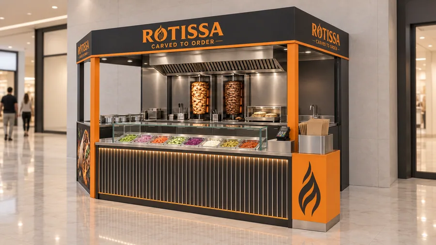 ROTISSA crowned kiosk in front of a wall — right three-quarter view, chicken and beef döner carved from vertical spits (AI-assisted 3D visualisation)