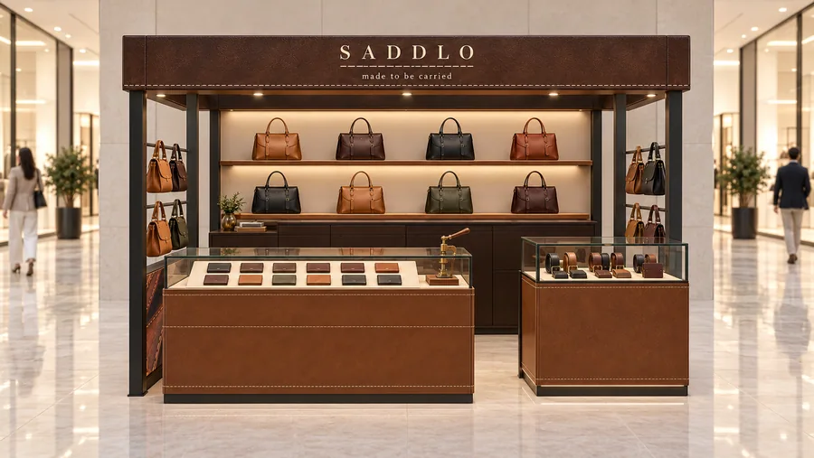 SADDLO crowned kiosk in front of a wall — front view, leather handbags (AI-assisted 3D visualisation)