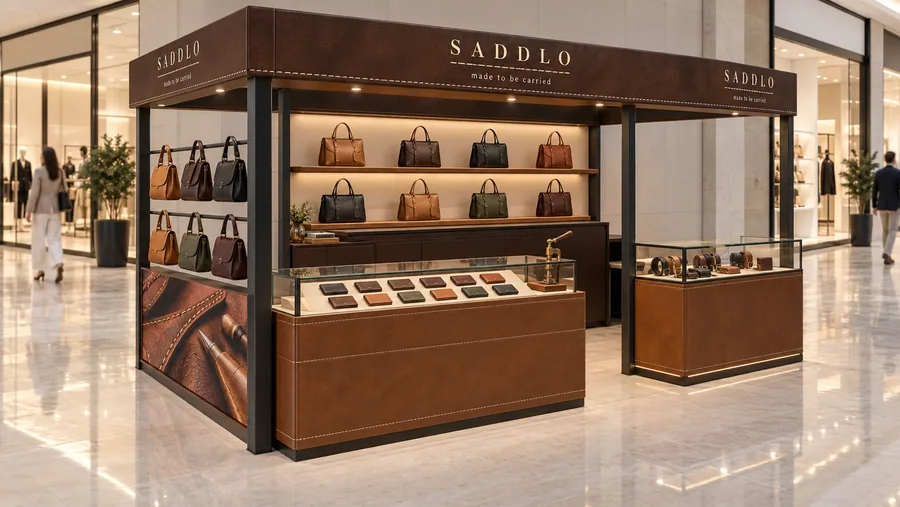 SADDLO crowned kiosk in front of a wall — left three-quarter view, leather handbags (AI-assisted 3D visualisation)
