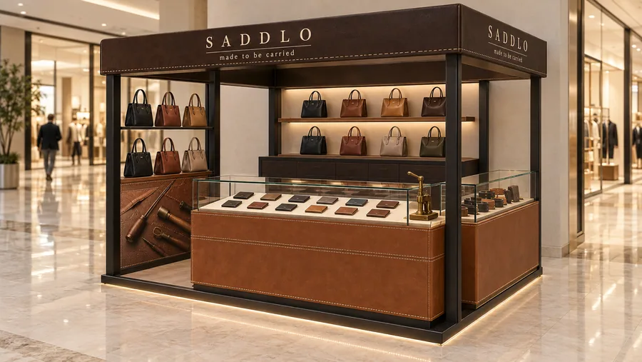 SADDLO crowned kiosk in front of a wall — right three-quarter view, leather handbags (AI-assisted 3D visualisation)