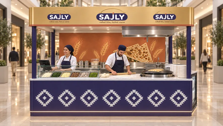 SAJLY crowned island kiosk — front view, gözleme (AI-assisted 3D visualisation)